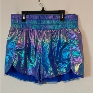 PINK LILY Iridescent Blue & Purple High Waist Lined Athletic Shorts